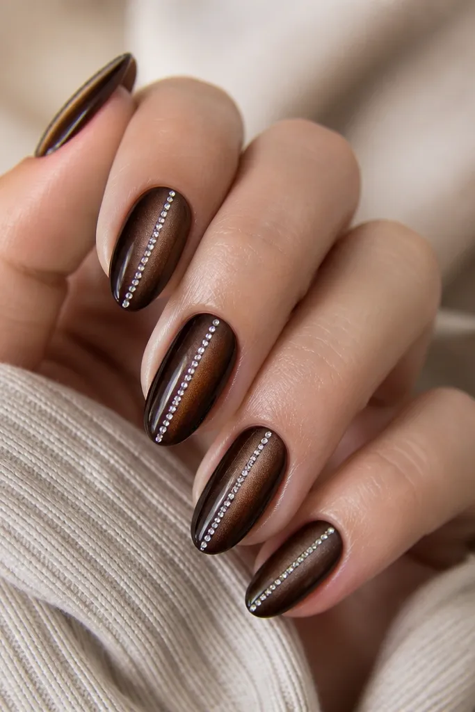 Chocolate cat eye nails with a thin straight crystal line across the center aligned with the magnetic stripe; crystals are tiny and evenly spaced.
