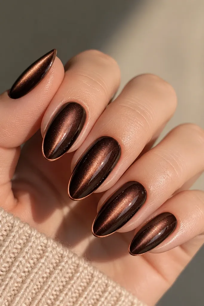 Dark chocolate cat eye nails with a copper burnished edge along the nail tips and sidewalls; the center magnetic stripe remains bright and centered.