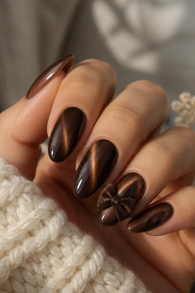 Chocolate cat eye nails with a small velvet bow on one accent nail, the bow in deep brown with the cat eye stripe behind it; rest are glossy and simple.
