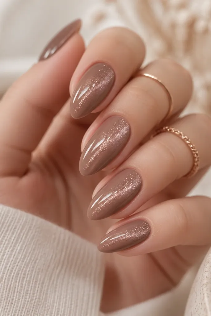 Light milk-chocolate cat eye nails with a softer magnetic streak; a rose-gold sparkle effect appears along the stripe on each nail.