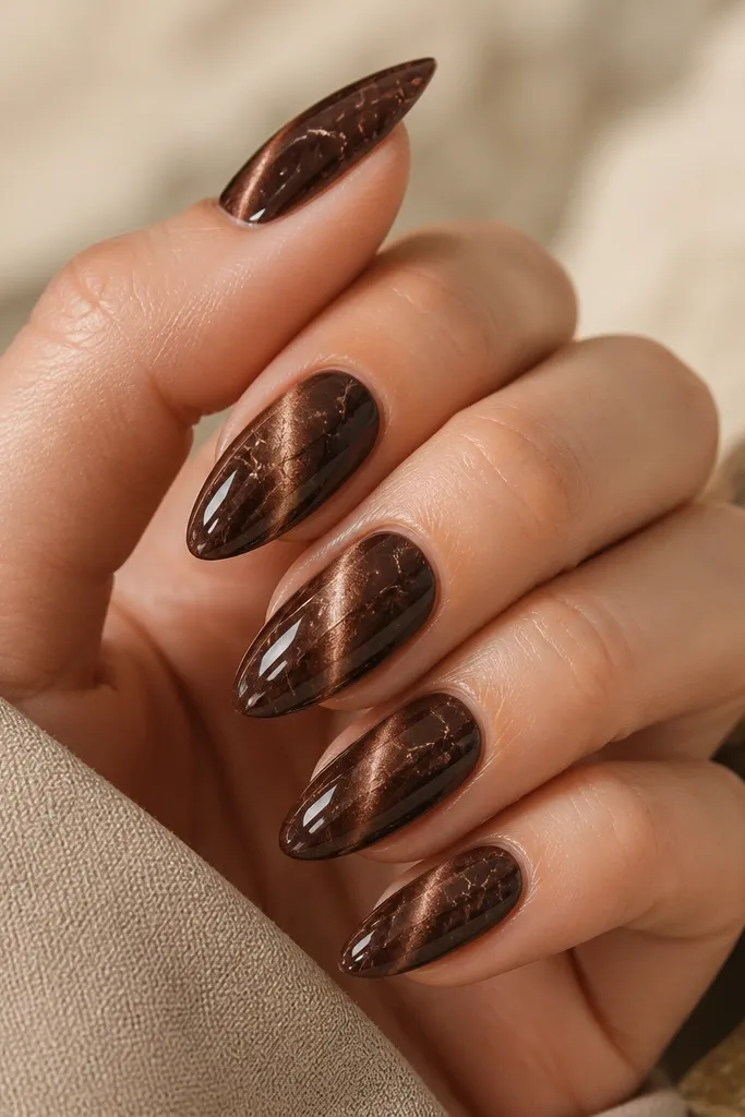 Brown cat eye nails with an abstract crackle vein pattern in slightly lighter brown running across the magnetic line; nails are glossy with a sharp cat eye streak.