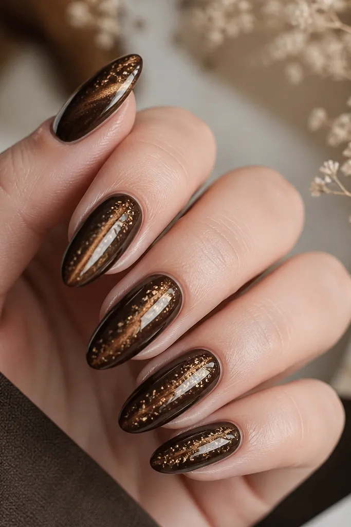 Deep chocolate cat eye nails with scattered tiny gold foil flecks concentrated around the center stripe; the magnet line remains bright and centered.