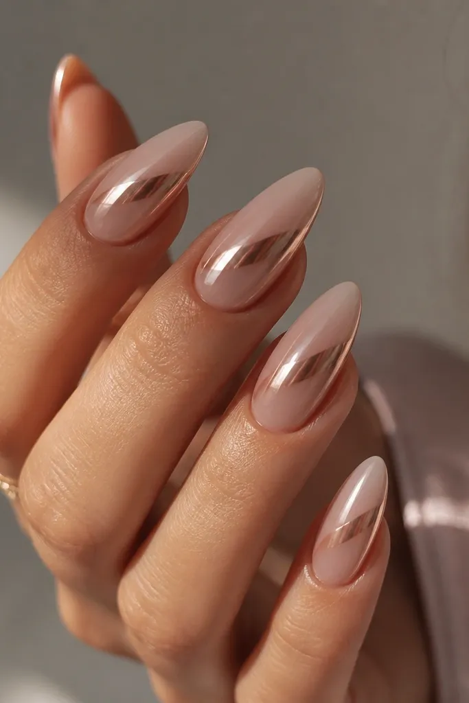 Long almond nails with a smooth fade from sheer champagne at the cuticle to pale rose-pink near the tip. A soft rose-gold chrome sits only on the upper half, creating a reflective arc over the pink.