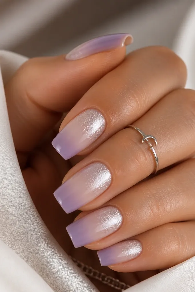 Medium square nails with an icy nude gradient at the cuticle fading into a dusty lilac tip. Silver chrome is brushed lightly like a fog across the upper third, not covering the whole nail.
