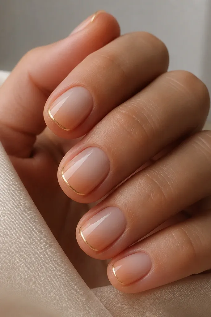 Short rounded nails with a milky white cuticle fading into warm peach at the tip. A mirror gold chrome line runs along the very edge of the upper half, like a thin metallic halo.