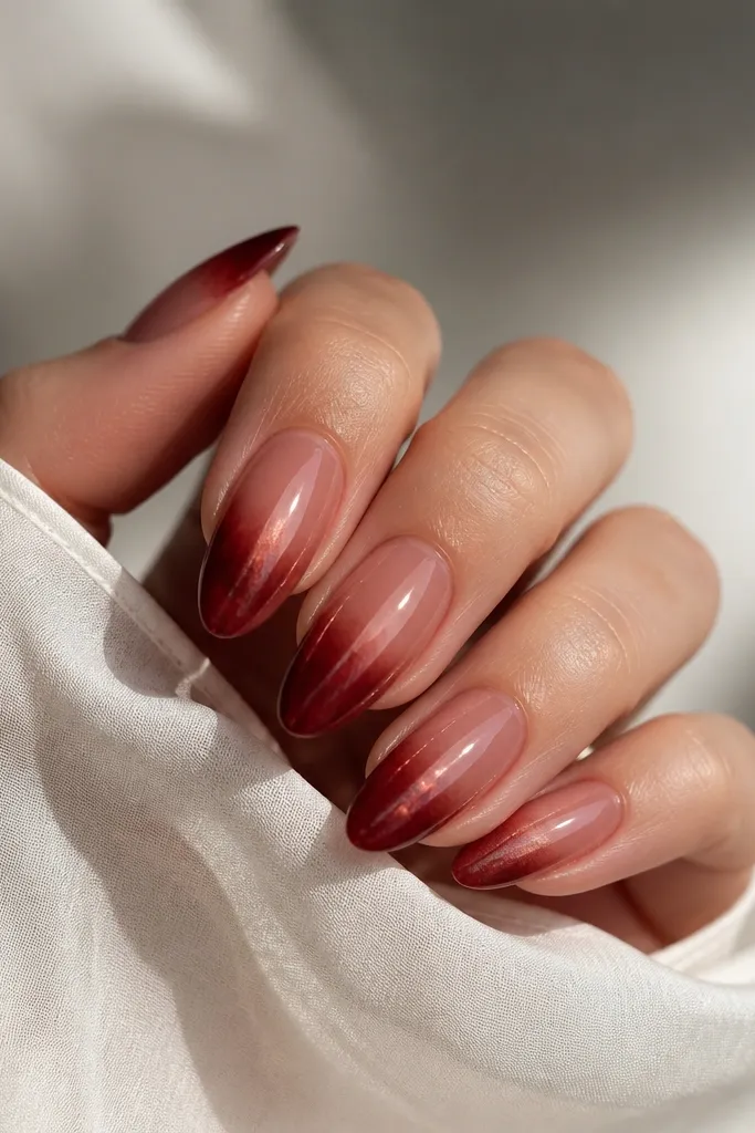 Almond nails with a rosy nude base blending into a deep cherry red tip. A translucent red chrome veil sits over the upper half, giving a smoky metallic glow.