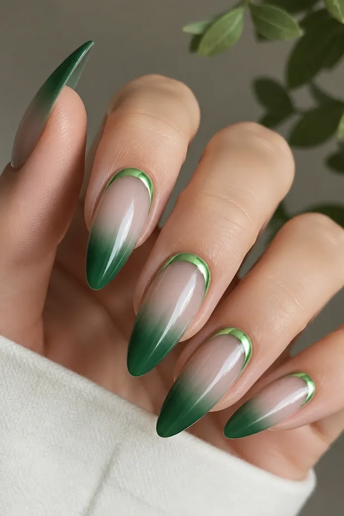 Long almond nails with a sheer nude cuticle fading into emerald green at the tips. A green chrome halo sits around the upper half like a curved metallic band.