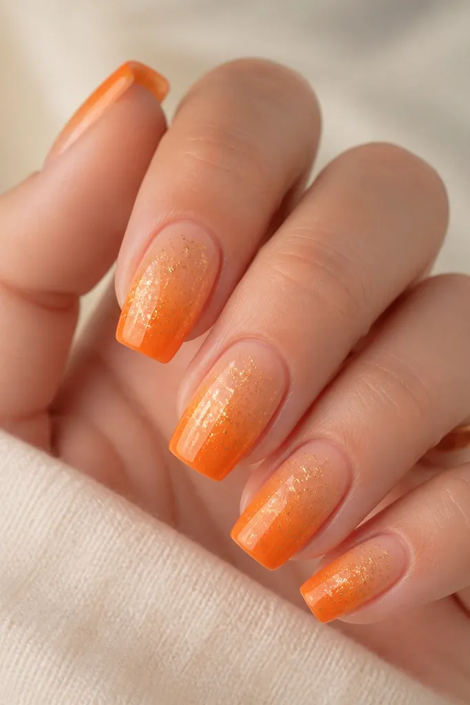Square nails with a peachy nude cuticle fading into bright tangerine tips. Gold chrome speckles sit across the upper half like tiny metallic dust flecks.