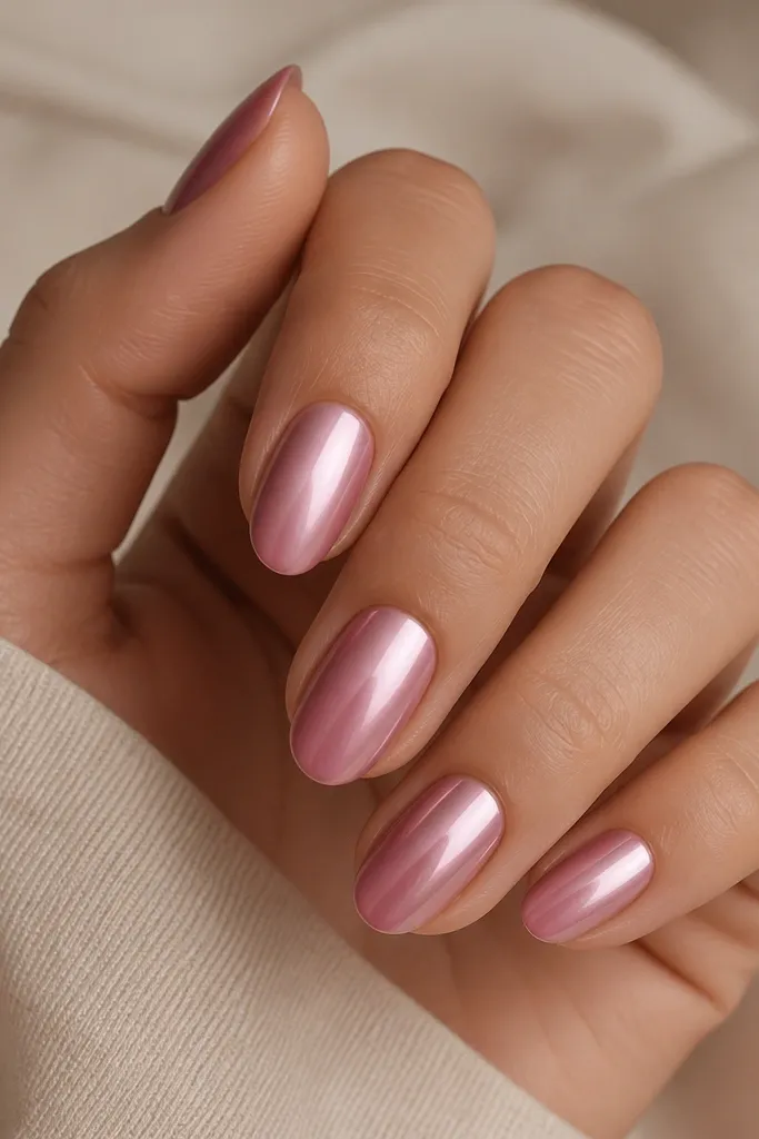 Short almond nails with rosy nude blending into mauve at the tips. A mauve-pink chrome top layer covers the upper half with a soft satin-mirror look.