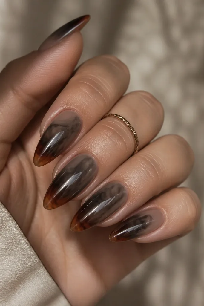 Almond nails with nude brown at the cuticle fading into warm chestnut tips. Dark chrome smoke spreads across the upper half with a smoky, charcoal-metal sheen.