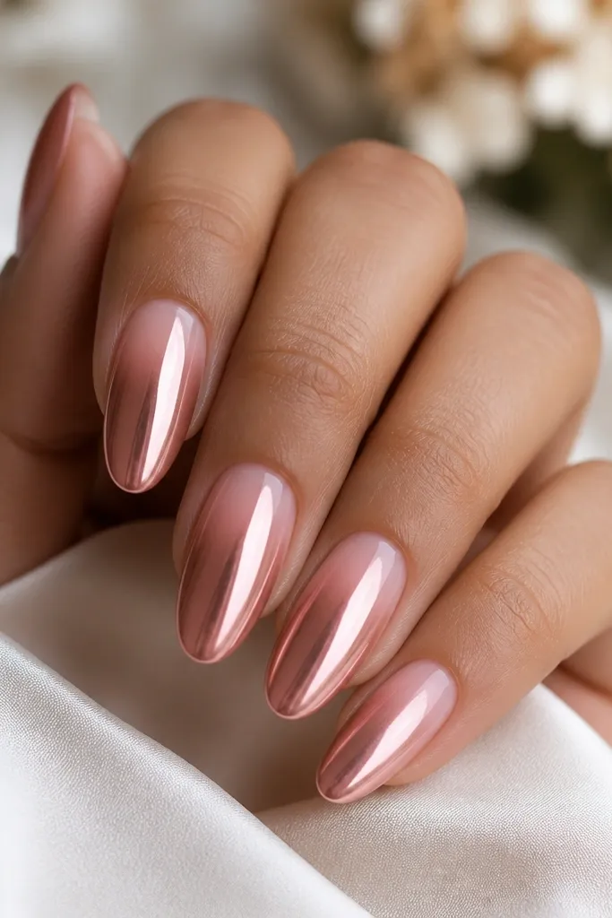 Medium oval nails with a soft pink fade from cuticle to tip. The tips shift into a rose gold tone and the upper half has mirror rose chrome for a sharp reflective glow.