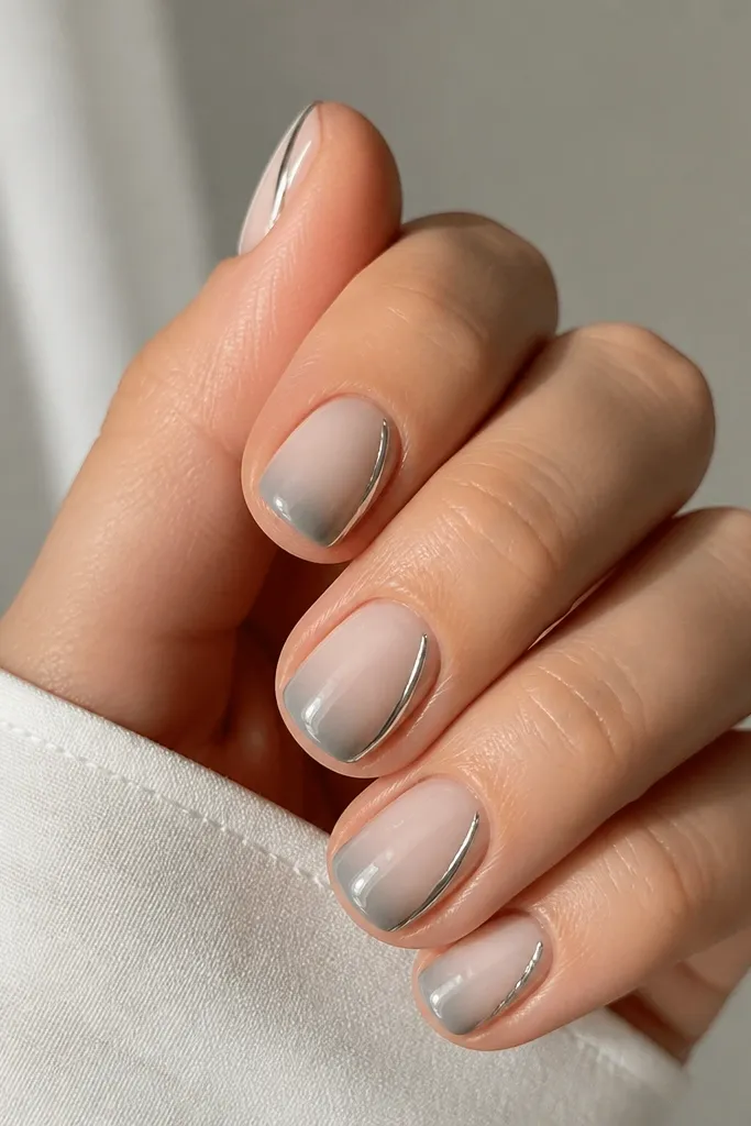 Short square nails with a milky nude cuticle fading into soft gray at the tips. Silver chrome sits as a side sweep along one sidewall on each nail, leaving the rest clear-glossy.