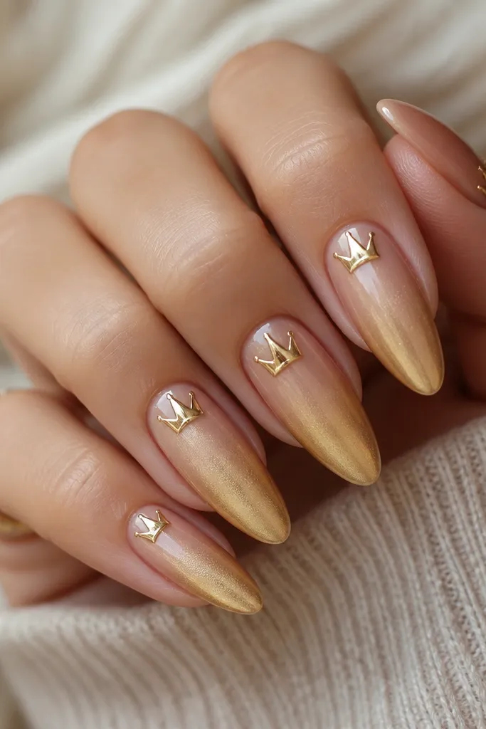 Almond nails with warm nude at the cuticle fading into antique gold at the tips. A gold chrome crown shape sits near the cuticle, centered and reflective.