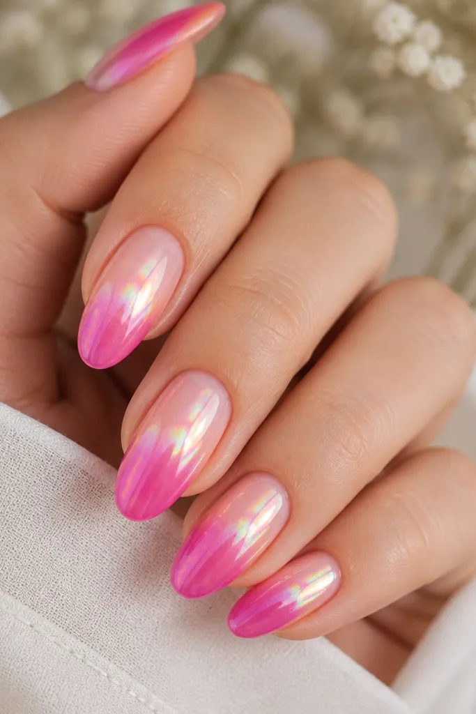 Medium almond nails with peony pink at the cuticle fading into fuchsia at the tips. Prism chrome creates a shifting rainbow sheen on the upper half, with the strongest reflection near the transition line.