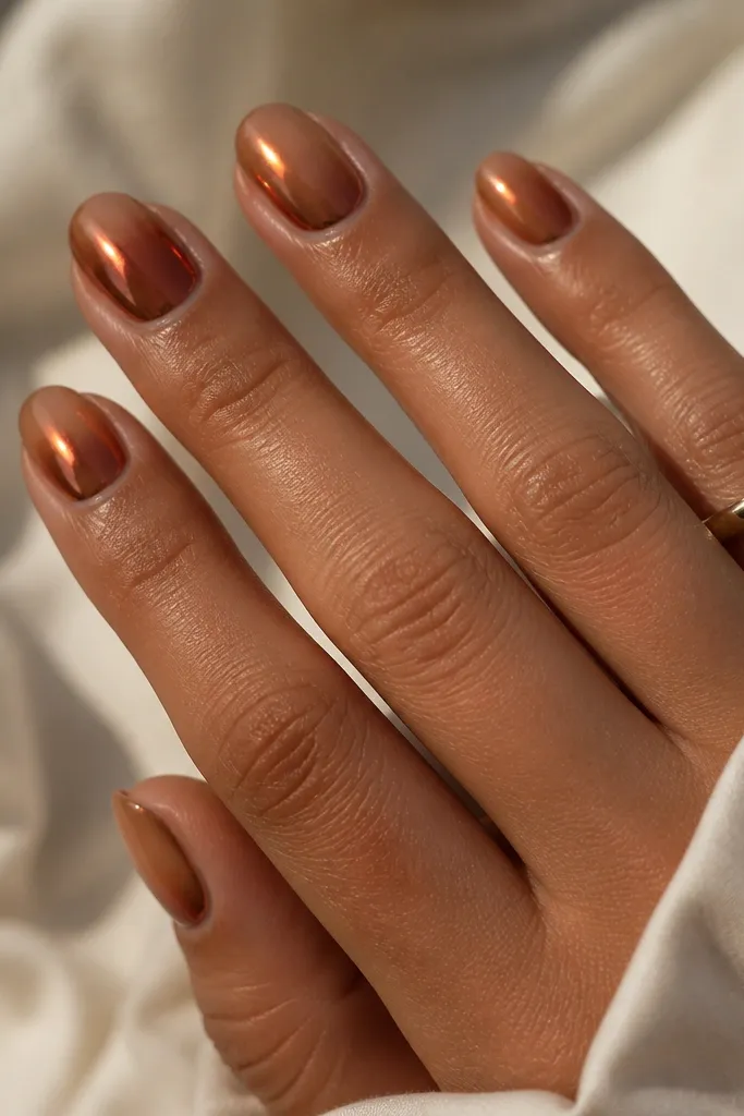 Round nails with nude beige fading into caramel at the tips. Copper chrome sits as a crescent shape in the upper half, reflecting warm orange-red light.