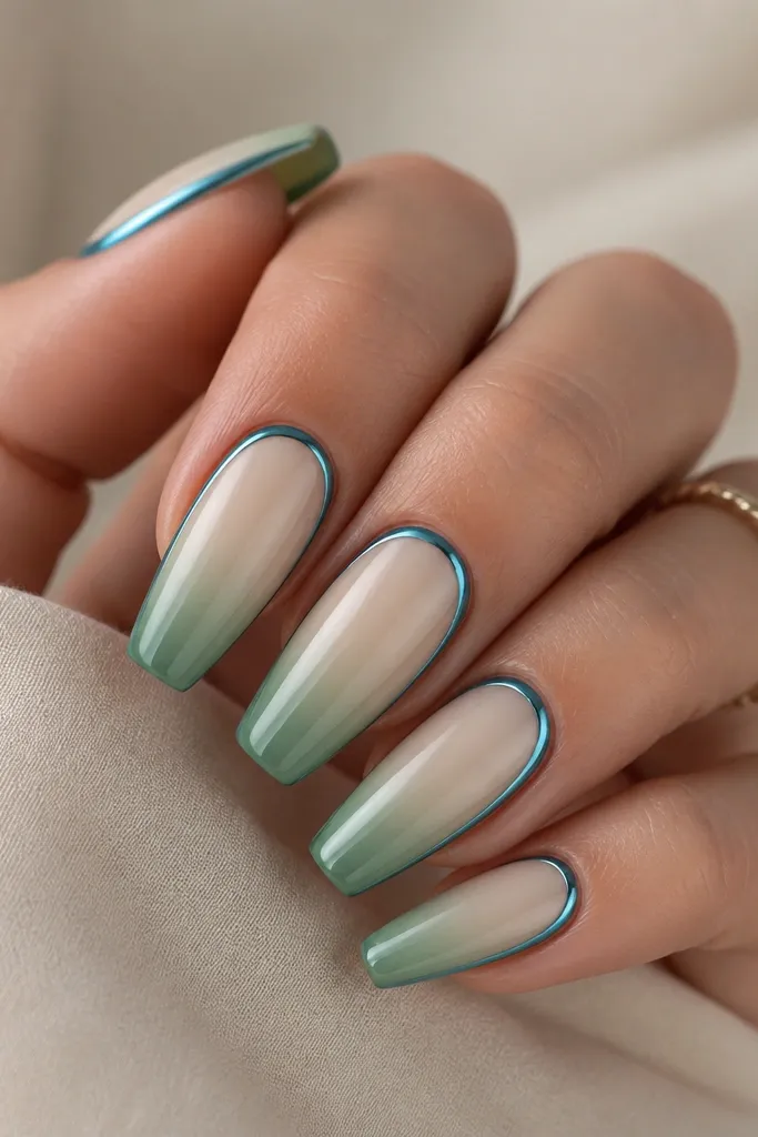 Medium coffin nails with ivory nude at the cuticle fading into sage green at the tips. Teal chrome lines the upper edge and follows the nail curve, giving a cool metallic border.