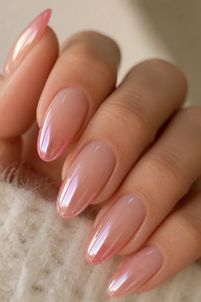 Long oval nails with a clear nude jelly look at the cuticle fading into soft rose tips. Pink chrome is concentrated as a pop on the upper half, creating a bright reflective patch.