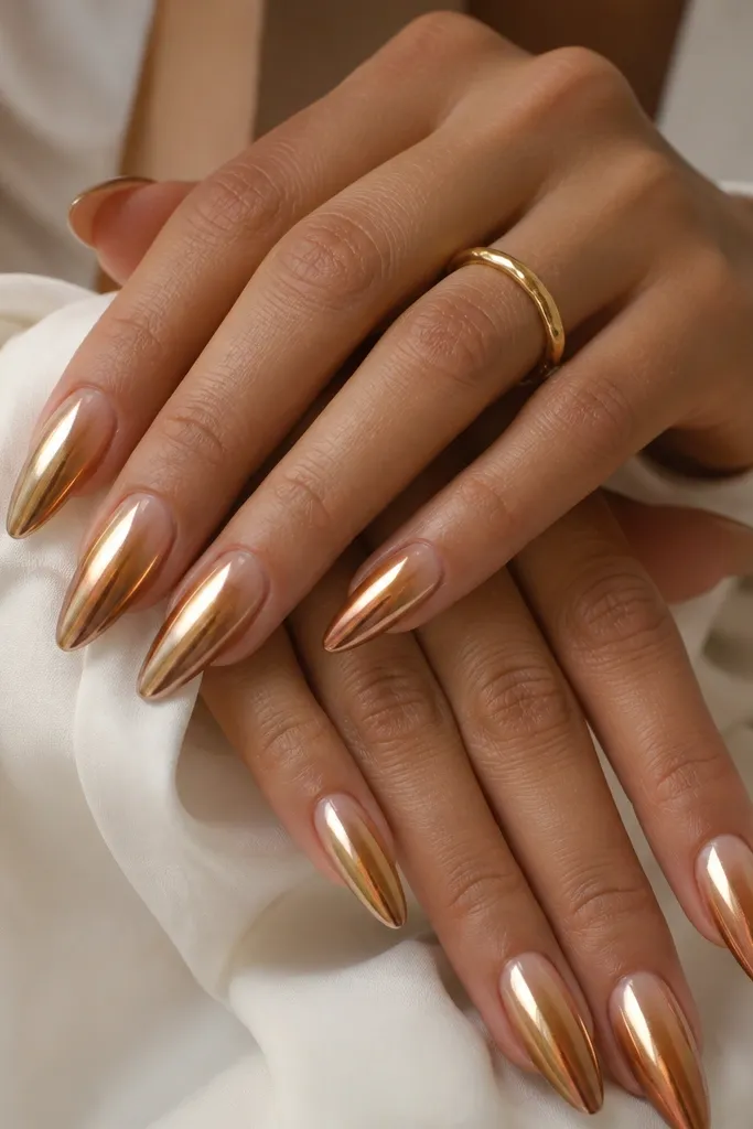 Almond nails where nude fades into bronze at the tips. The upper half has a split chrome: one side is gold chrome, the other side is copper chrome, separated by a gentle diagonal line.