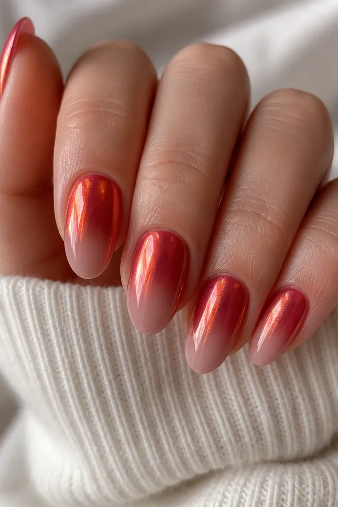 Medium oval nails with rosy nude at the cuticle fading into warm red at the tips. Red-orange chrome fades from the upper half toward the center, creating a metallic gradient overlay.