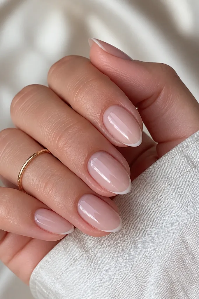 Short stiletto nails with a milky nude base. The tips have a super thin white micro-French line, with the point staying soft and short. The finish is glossy, and the cuticles look sharply cleaned.