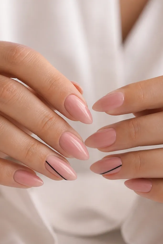 Short stiletto nails in a soft rose pink glossy finish. One nail on each hand has a single thin black stripe running diagonally from the lower side toward the tip, ending near the point.