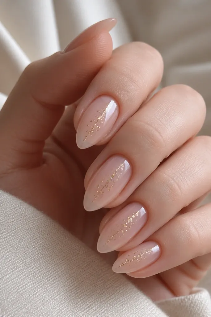 Short stiletto nails with a clear jelly base. Tiny gold micro dots are scattered in a loose cluster near the center of each nail. The finish is glossy and the dots look embedded.