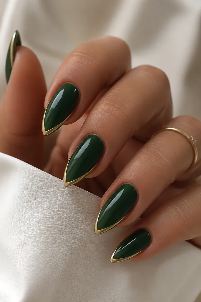 Short stiletto nails painted deep emerald green glossy. The tips have a French outline drawn in fine gold lines - a thin gold border around the tip area, not a full gold tip fill.