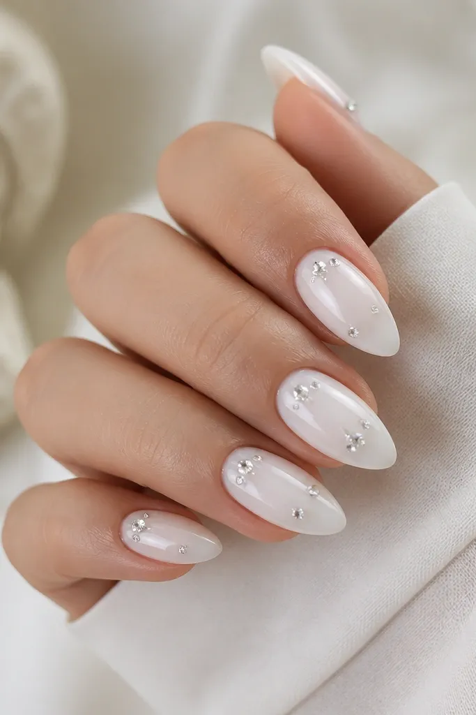 Short stiletto nails with a milky white opaque gel base. On each nail, a few clear crystals are placed near the cuticle and mid-nail. The crystals catch light but stay sparse.