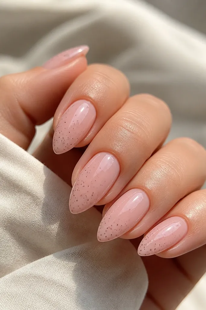 Short stiletto nails in glossy blush pink. On top, there are tiny brown speckles scattered lightly across the center and tip area. The speckles are fine, not chunky.
