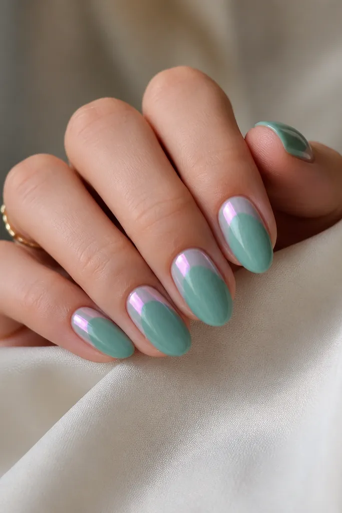 Short stiletto nails painted sea glass green in a glossy finish. On each nail, there's a soft opal chrome arc across the upper third, like a crescent highlight. The arc shifts pink to pearl.