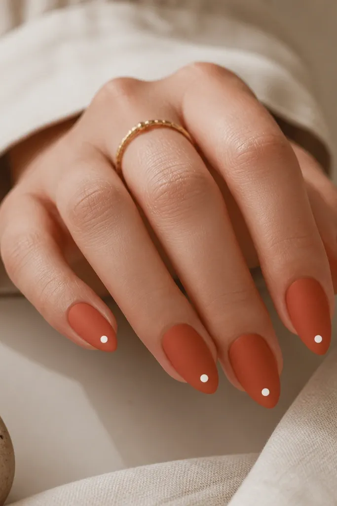 Short stiletto nails in terracotta orange, finished in matte. On each nail, there's one small glossy white dot placed near the tip center. The matte surface looks velvety, and the dot pops.