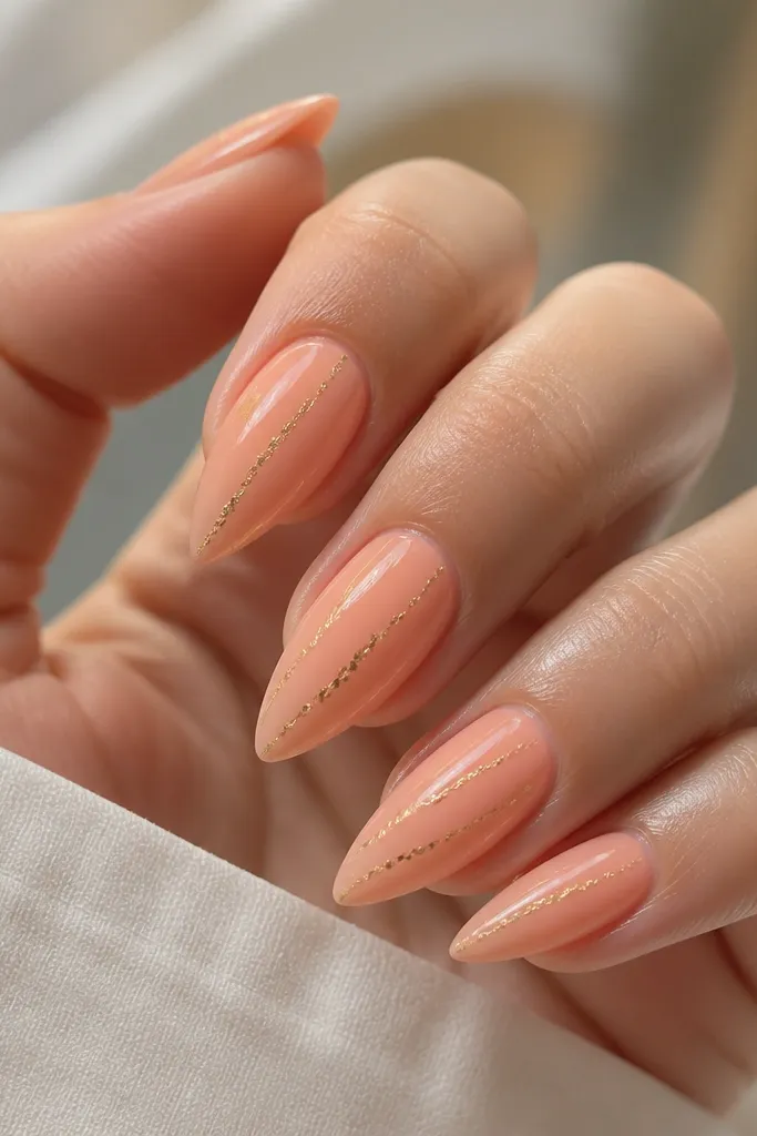 Short stiletto nails in soft peach glossy. One thin line of gold foil confetti runs diagonally from near the cuticle to the tip on each nail, with small pieces spaced out.