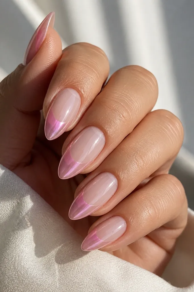 Short stiletto nails with a clear nude base that looks like your natural nail. The tips have a soft pink chrome gradient that blooms from the outer edge toward the point. Finish is glossy with a subtle chrome sheen.