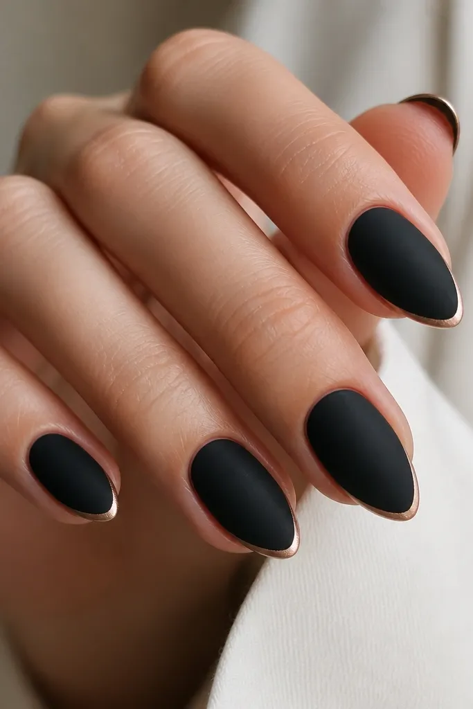 Short stiletto nails in matte black. Around the tip edge, there's a thin rose-gold outline line that follows the stiletto curve. The outline is delicate and even.