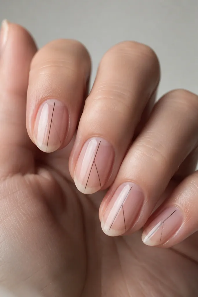 Short stiletto nails with a clear base that looks like natural nails. Tiny black micro-lines run vertically down the center and a few diagonals on the sides. The finish is glossy and the lines look embedded.
