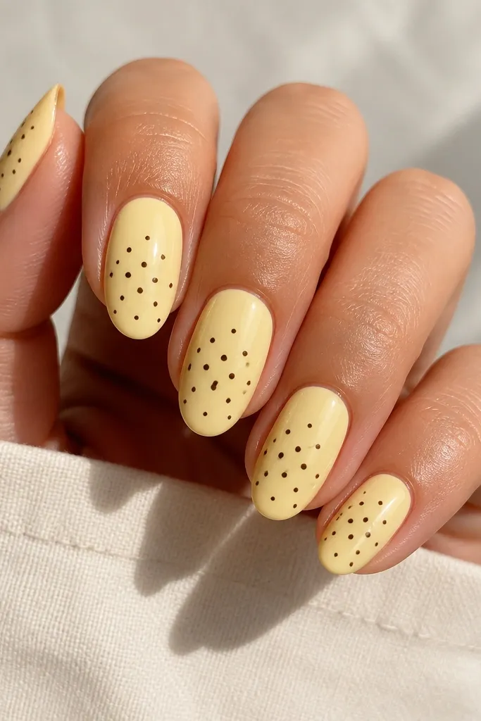 Short almond nails painted a creamy butter yellow. Each nail has scattered tiny espresso-brown dots, with the densest cluster near the center and a few dots closer to the tip. The dots are crisp and perfectly round, and the nails have a glossy top coat.
