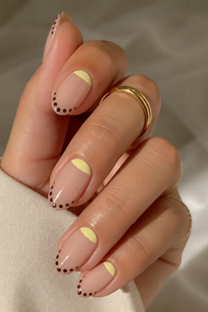 Medium oval nails. The base is sheer nude. A lemon-yellow half-moon sits at the cuticle. The tips are decorated with a row of medium espresso-brown dots marching along the curved edge.