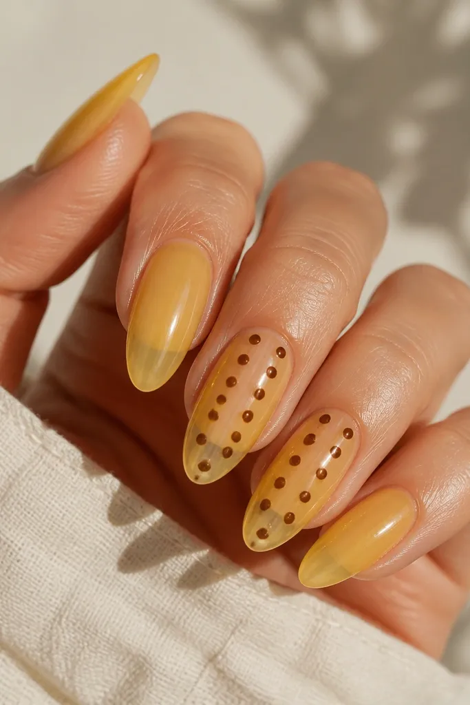 Long almond nails painted with a translucent yellow jelly. Two nails show clear negative-space stripes down the center. Espresso-brown dots sit on either side of each stripe in a neat row, with extra dots near the cuticle.
