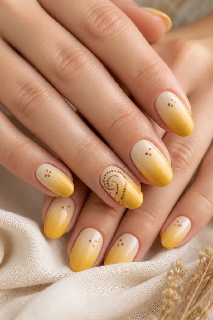 Oval nails with a sunburst gradient: yellow fades from pale at the base to deeper golden at the tip. One accent nail has a brown dotted swirl that curves from the cuticle toward the center. Other nails have a few scattered dots only.