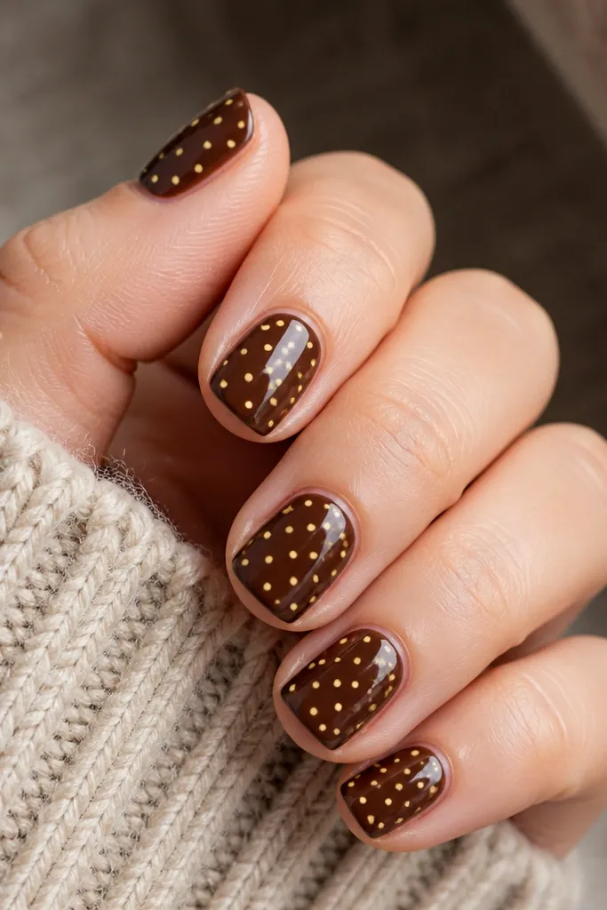 Short square nails painted chocolate brown. Over that, tiny lemon-yellow dots are scattered in a loose confetti pattern across every nail. The dots are crisp and the nails are glossy.