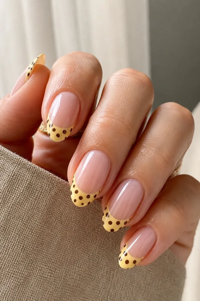 Medium almond nails with a classic nude base. The tips are painted with a yellow French band, then each band is covered in brown polka dots. The dots are evenly spaced and the tips look like they're printed.