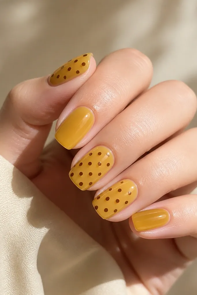 Long oval nails with a sheer yellow jelly base. Espresso-brown dots form a subtle grid pattern: two vertical columns and a few horizontal rows, leaving clear space between rows. The finish is glossy.