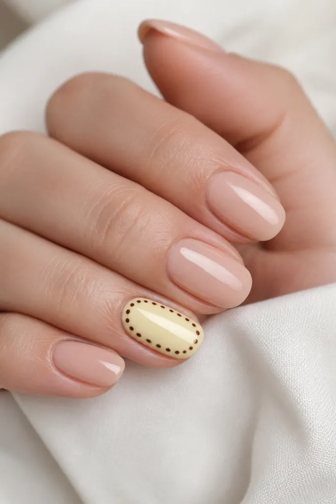 Four nails are nude with a glossy finish. One accent nail is painted butter yellow. On that accent nail, a thin espresso-brown dotted border runs around the perimeter near the edges, leaving a clear center.