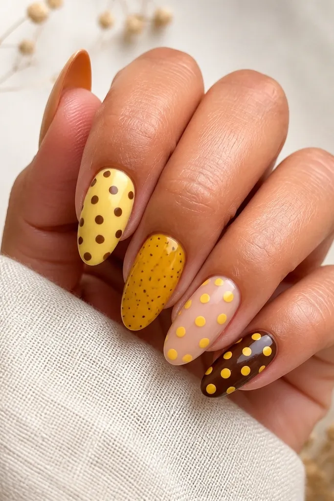 A mix of five nails: two nails are lemon yellow with medium brown dots, one nail is mustard yellow with tiny dots, one nail is nude with yellow dots, and one nail is chocolate brown with yellow dots. Each nail has a different dot size and placement.