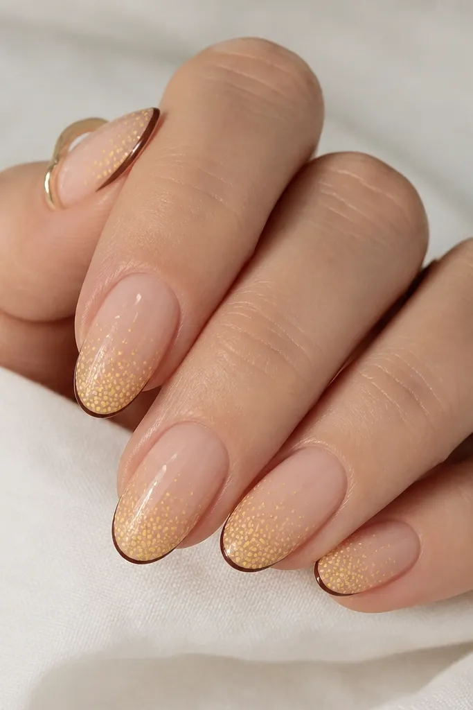 Oval nails with a nude base. The tips fade into a cluster of tiny yellow dots that get denser at the very edge. A thin espresso-brown outline runs along the outside of the tip curve.