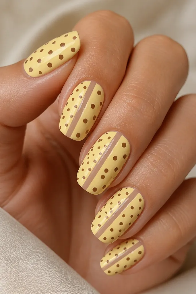 Long squoval nails with two vertical yellow panels separated by a thin nude gap. Each panel is covered with brown polka dots in different sizes: one panel has tiny dots, the other has medium dots. The nails are glossy.