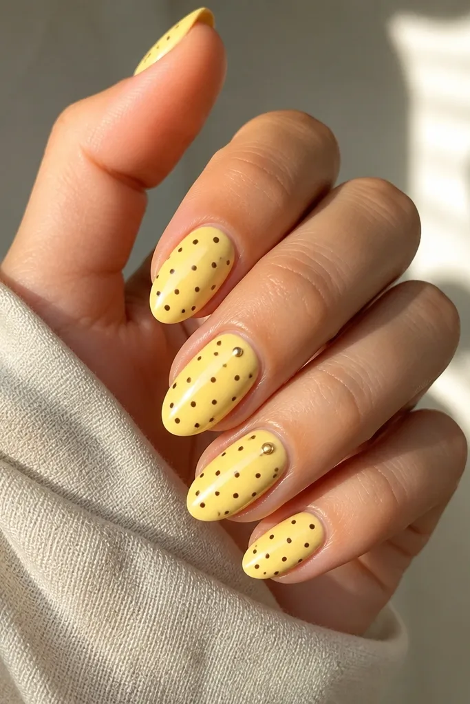 Medium almond nails painted lemon yellow. Each nail has scattered espresso-brown dots, and one nail includes a tiny metallic gold dot near the cuticle. Everything is glossy.