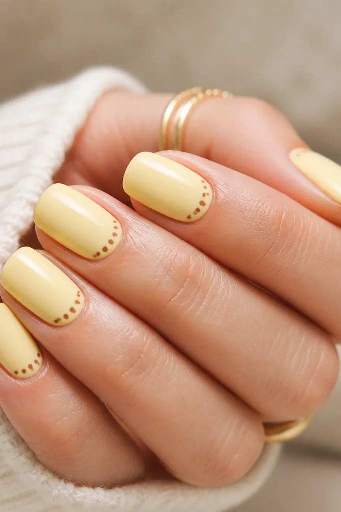 Short round nails painted butter yellow with a glossy finish. A dotted espresso-brown line hugs the cuticle in a gentle curve. The rest of the nail is solid yellow with no other dots.