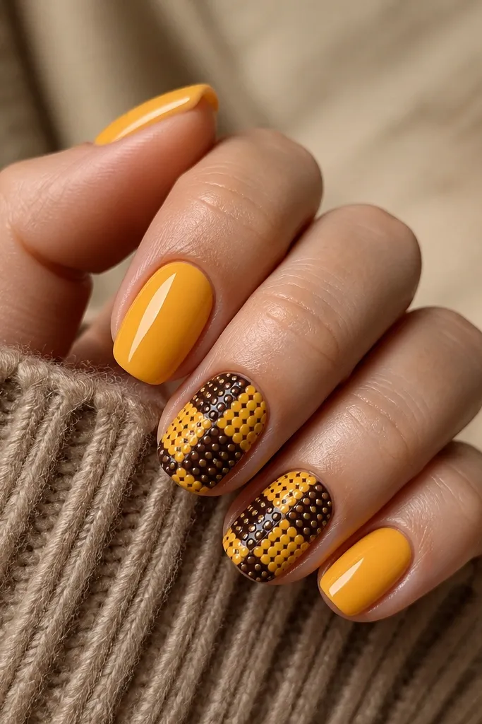 Square nails with a nude base. Two nails are painted lemon yellow and have alternating brown dots that create a mini checker effect in a small corner. The other nails have only a couple of brown dots near the tip.