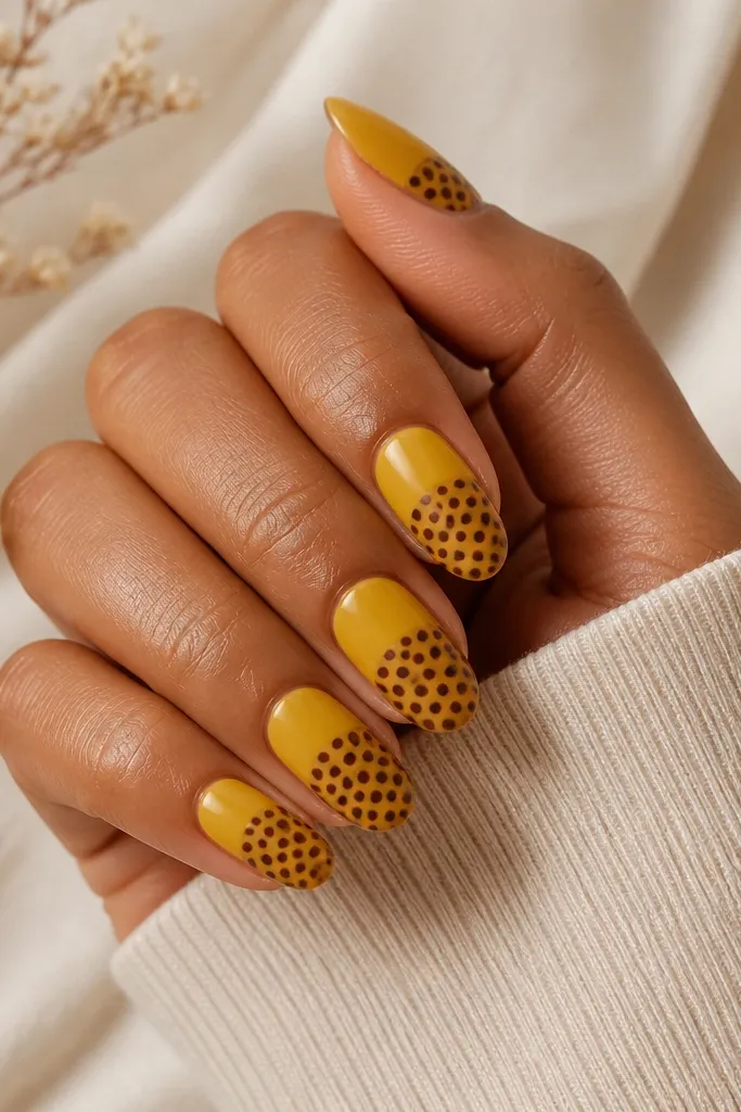 Medium almond nails with mustard yellow. Each nail has a brown dotted half-sleeve that starts at the cuticle and covers the bottom half, leaving the top half solid mustard. The dots are evenly spaced.